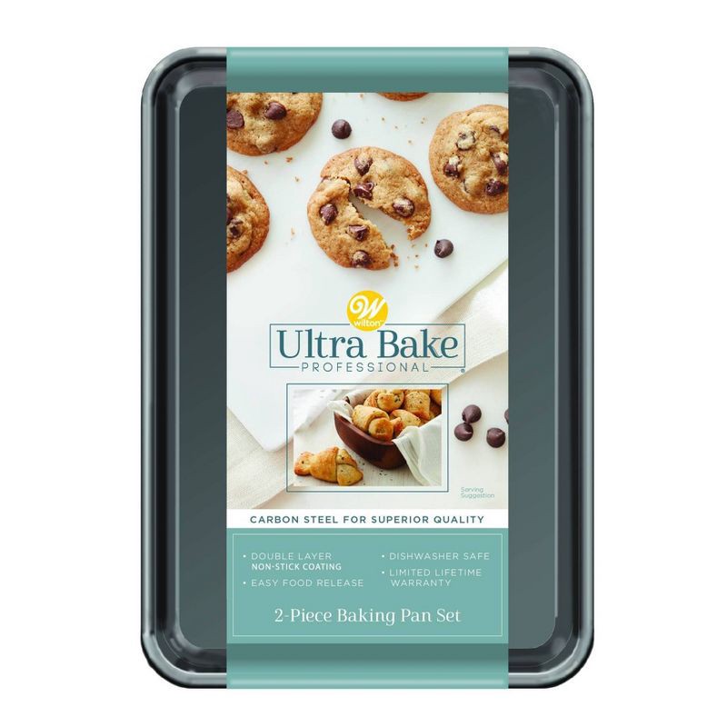 slide 5 of 5, Wilton Ultra Bake Pro 2pc 7x10 Cookie Sheet Set: Nonstick Carbon Steel Baking Pans, Dishwasher-Safe, Slate Gray, 2 ct