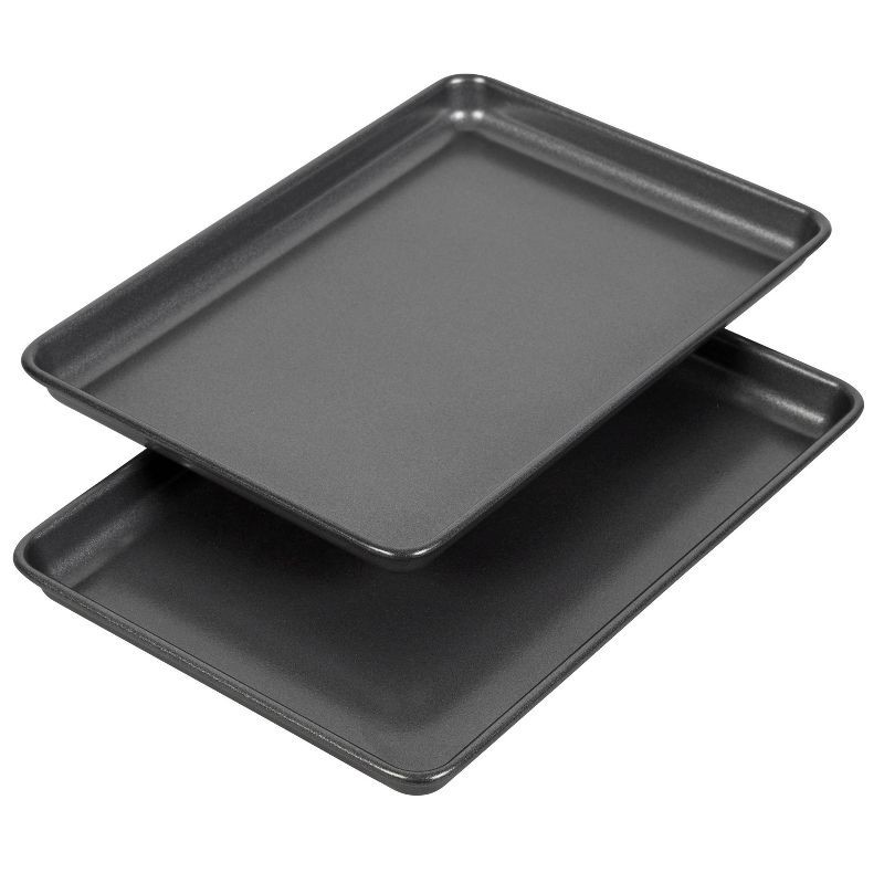 slide 1 of 5, Wilton Ultra Bake Pro 2pc 7x10 Cookie Sheet Set: Nonstick Carbon Steel Baking Pans, Dishwasher-Safe, Slate Gray, 2 ct