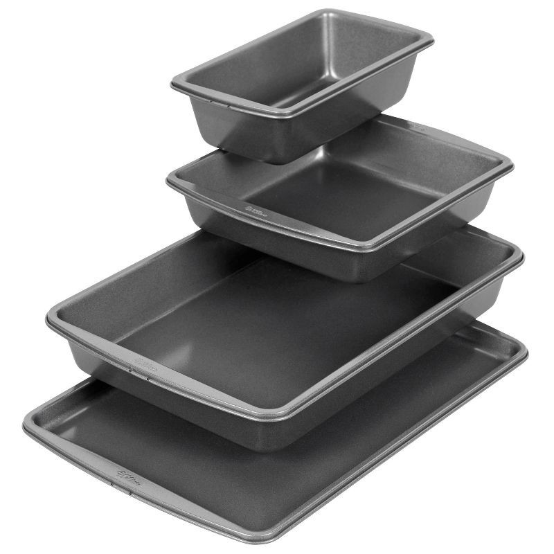 slide 1 of 8, Wilton Ultra Bake Pro 4pc Bakeware Set: Nonstick Carbon Steel Baking Pan & Sheet, Dishwasher-Safe, Silver, 4 ct