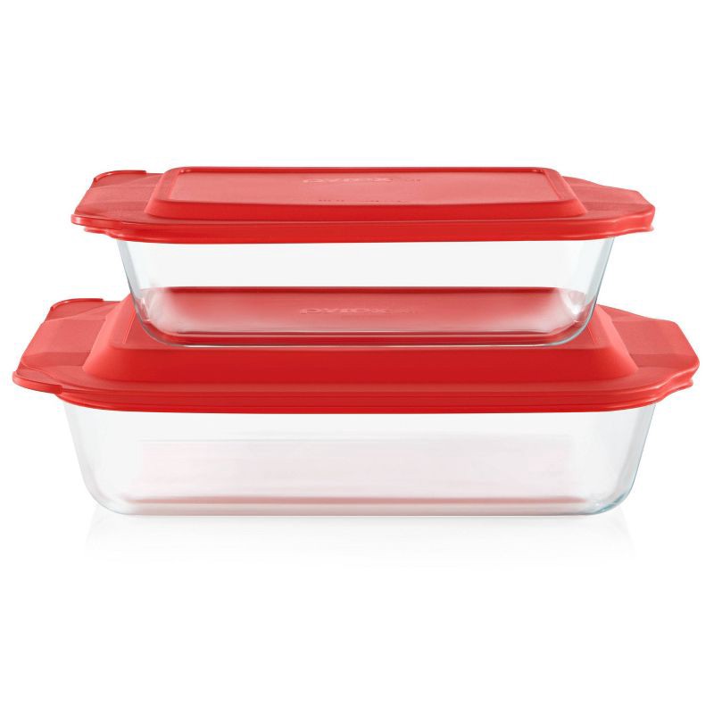 slide 1 of 6, Pyrex Deep 4pc Glass Bakeware Set: Clear Baking Dishes with Lids, Dishwasher & Oven Safe, 4 ct