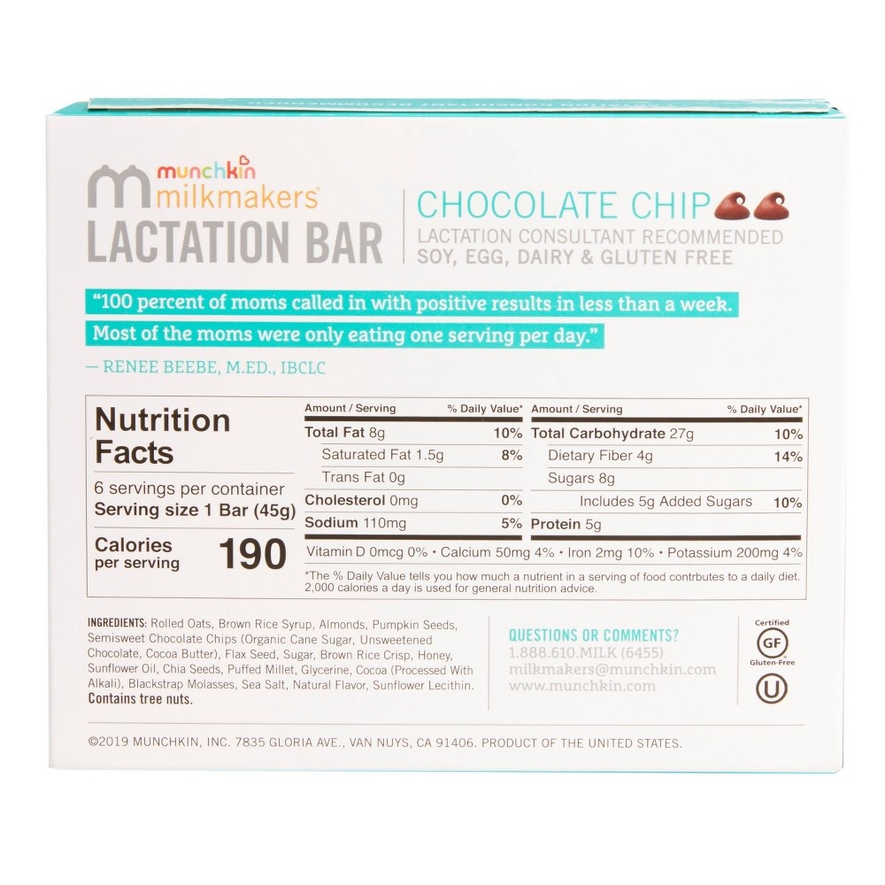 slide 6 of 6, Munchkin Milkmakers Lactation Bars Gluten Free - Chocolate Chip, 6 ct, 9.6 oz