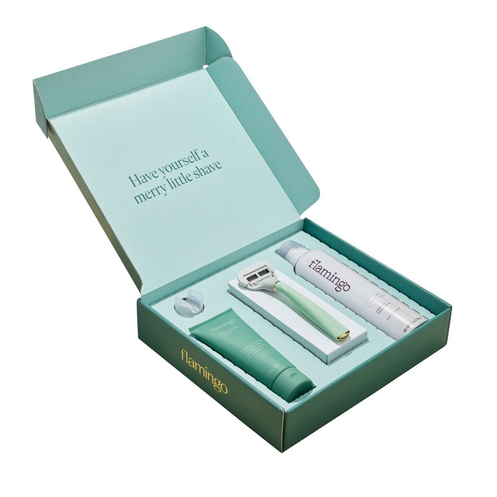 slide 3 of 6, Flamingo Holiday Gift Set - Mint and Gold Razor, 4 ct