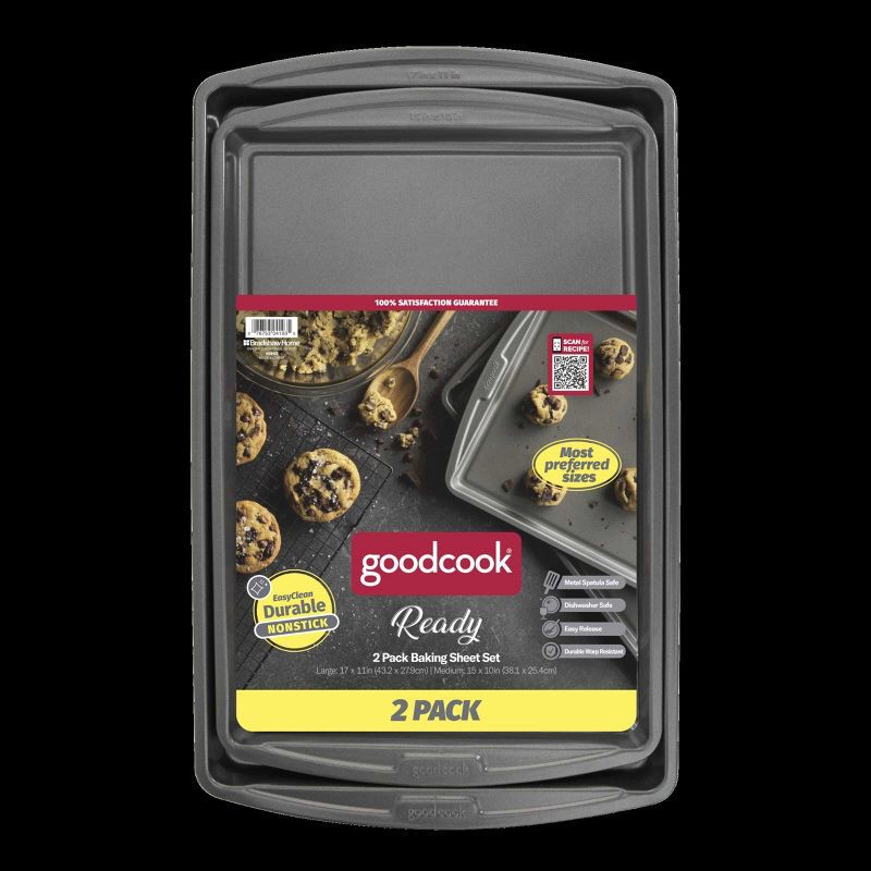 slide 6 of 6, GoodCook Ready 2pk Cookie Sheets (17"x11" and 15"x10"): Nonstick Carbon Steel Baking Set, Dishwasher-Safe Bakeware, 2 ct