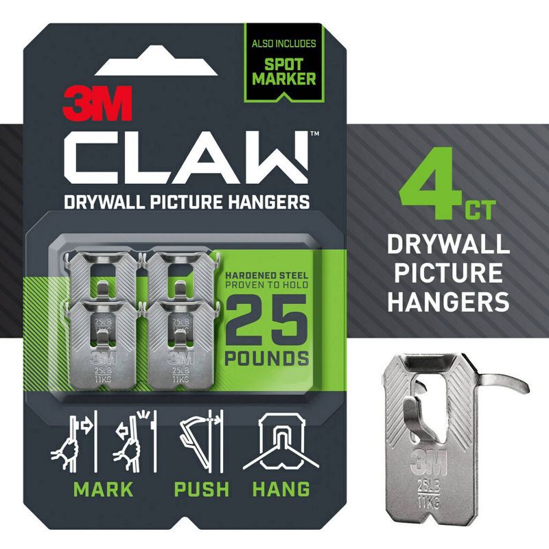 slide 3 of 13, 3M Company 3M 25lb CLAW Drywall Picture Hanger with Temporary Spot Marker + 4 hangers and 4 markers, 25 lb