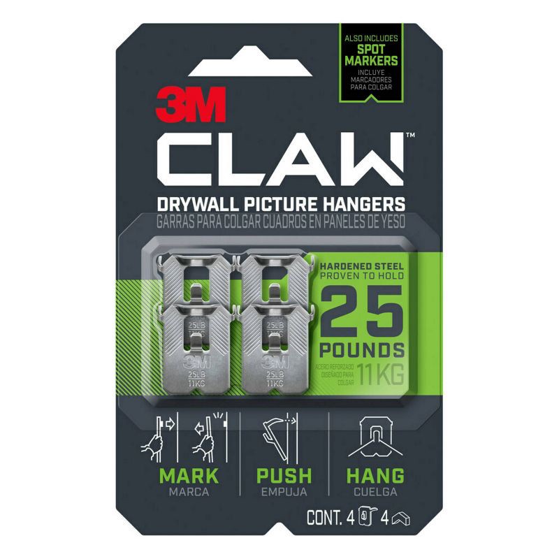 slide 1 of 4, 3M Company 3M 25lb CLAW Drywall Picture Hanger with Temporary Spot Marker + 4 hangers and 4 markers, 25 lb