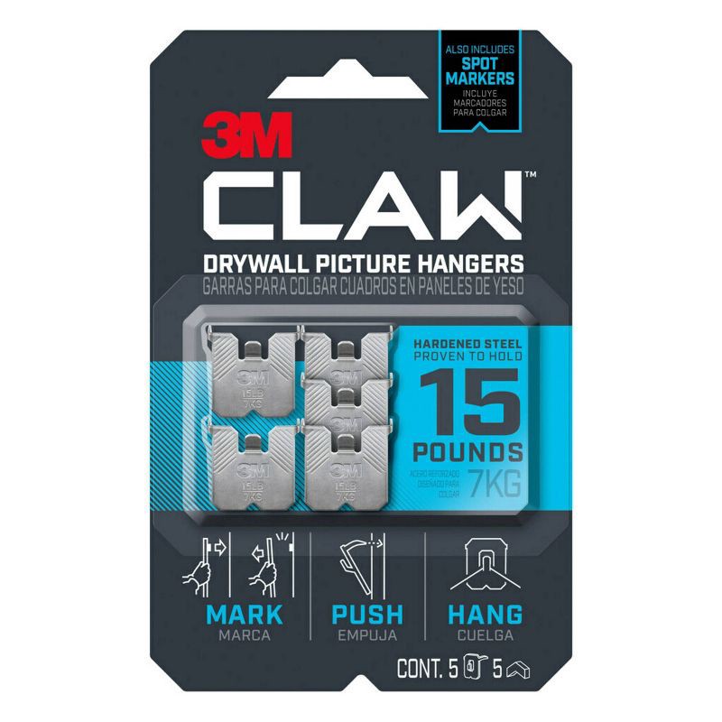 slide 1 of 13, 3M Company 3M 15lb CLAW Drywall Picture Hanger with Temporary Spot Marker + 5 hangers and 5 markers: Metal Hooks, 15lb Capacity, 15 lb, 15 lb