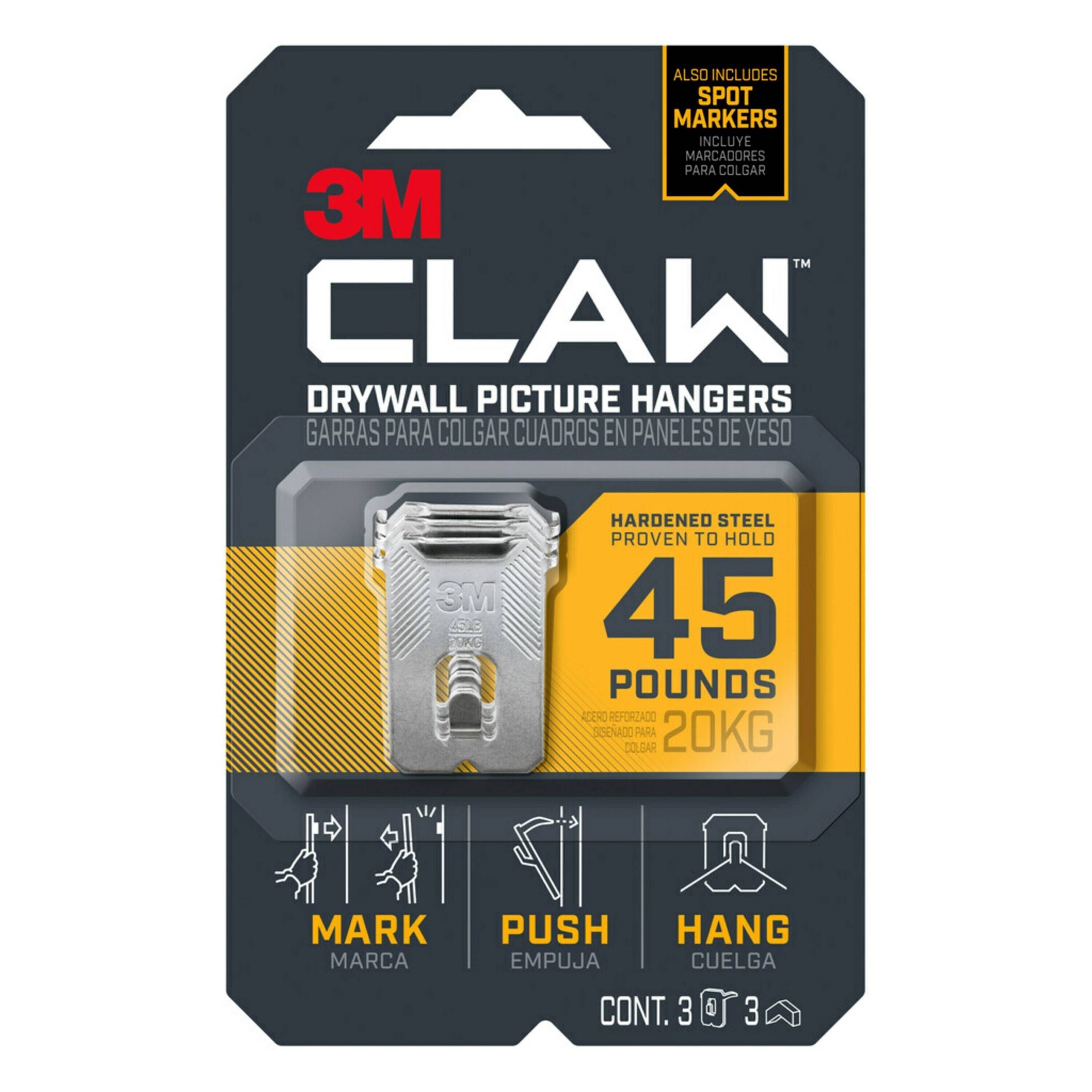 slide 1 of 10, 3M Company 3M CLAW Drywall Picture Hanger 45 lb with Temporary Spot Marker + 3 Hangers and 3 Markers, 45 lb