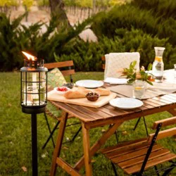 TIKI Round Lantern StepNStall Outdoor Torch: Glass Stake Torches, Refillable, No Battery Needed