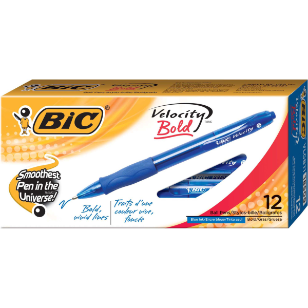 slide 1 of 6, BIC Gel-Ocity Ballpoint Pens, Bold Point, Translucent Barrel, Blue Ink, Pack Of 12 Pens, 12 ct