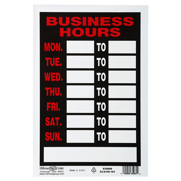 slide 1 of 1, Hillman Red and Black Business Hours Sign 8" X 12, 1 ct