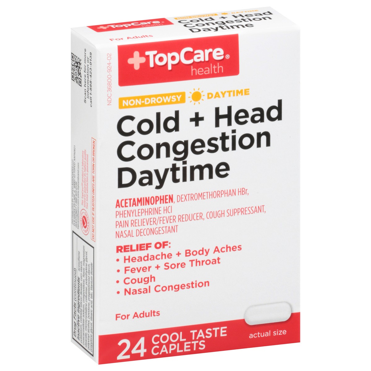 slide 2 of 10, TopCare Daytime Cold Head Congestion Caplets Cool Taste, 24 ct