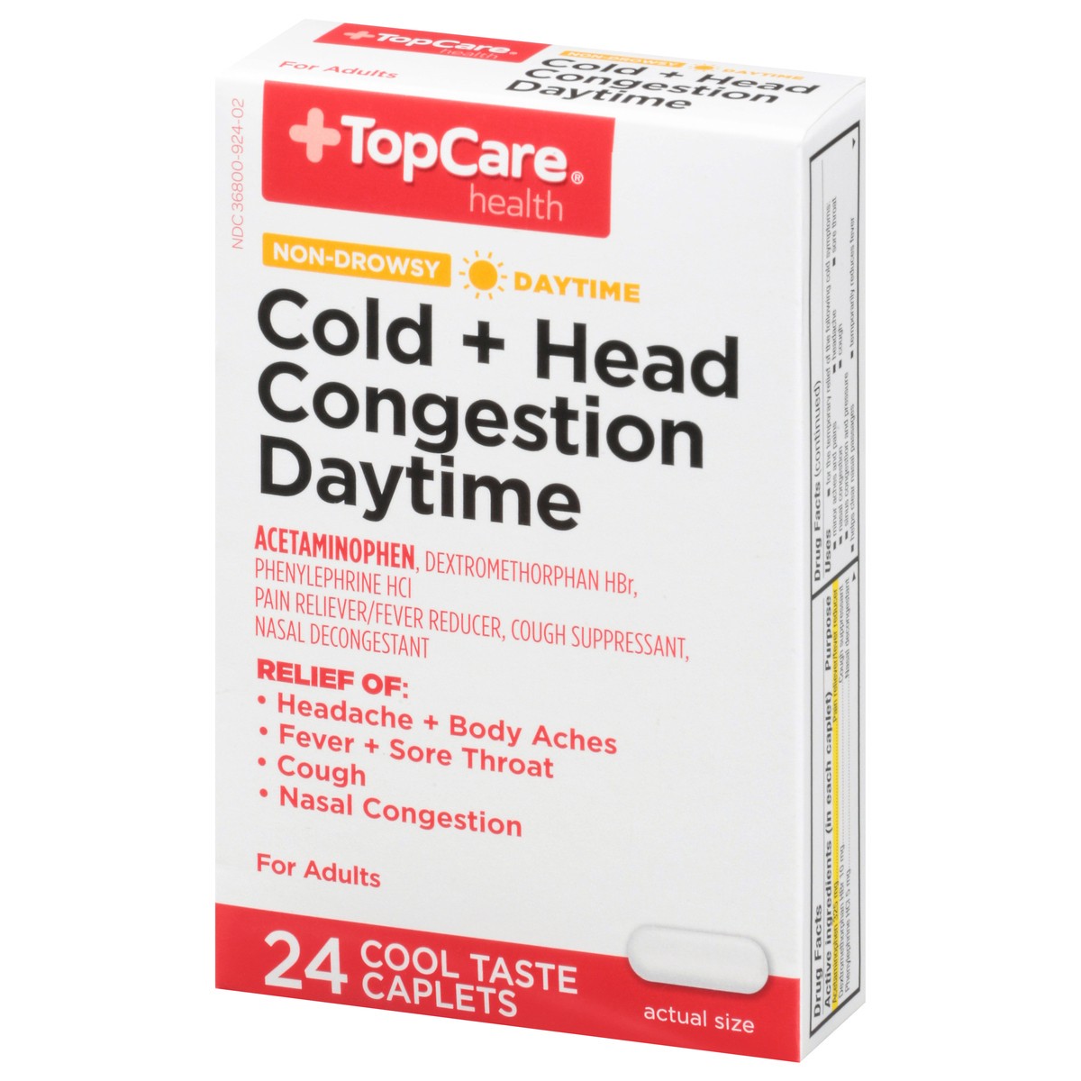 slide 3 of 10, TopCare Daytime Cold Head Congestion Caplets Cool Taste, 24 ct