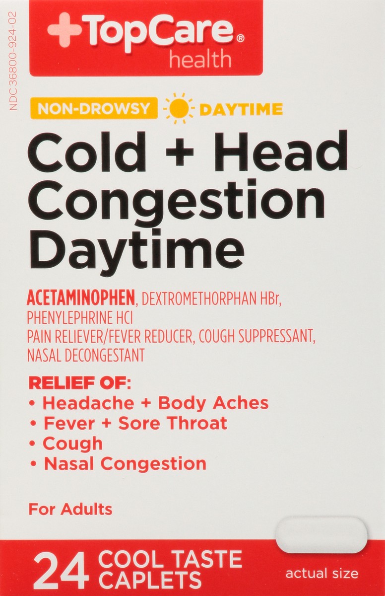 slide 8 of 10, TopCare Daytime Cold Head Congestion Caplets Cool Taste, 24 ct