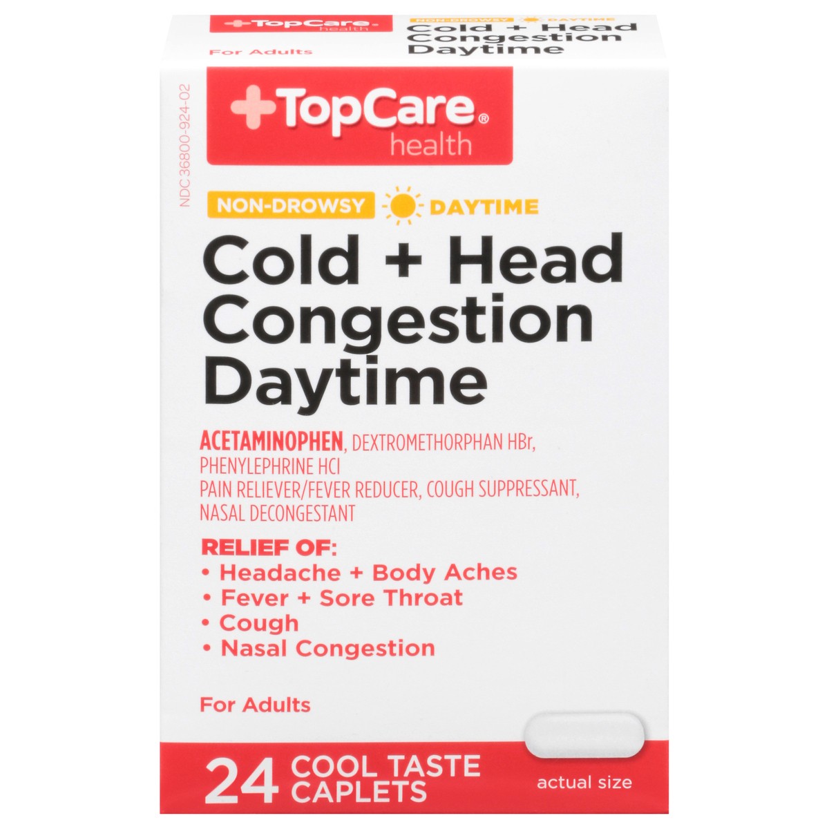 slide 10 of 10, TopCare Daytime Cold Head Congestion Caplets Cool Taste, 24 ct