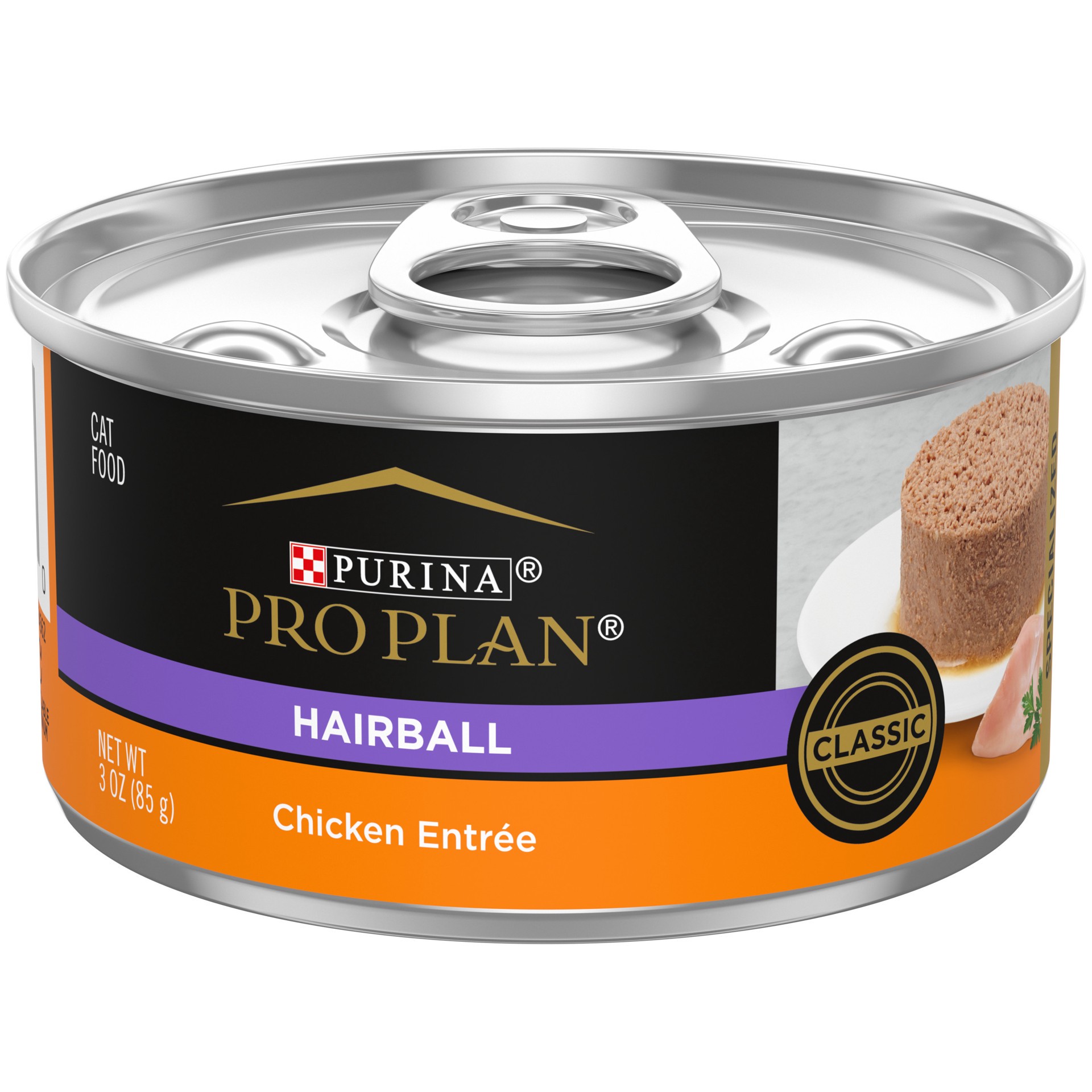 slide 1 of 8, Purina Pro Plan Hairball Control Cat Food Wet Pate, Hairball Chicken Entree, 3 oz