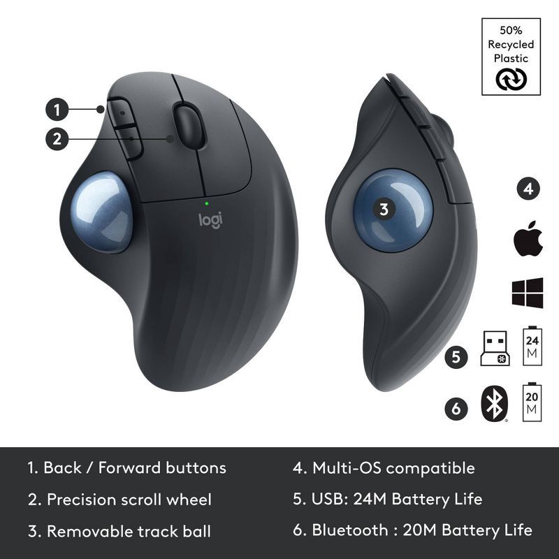 slide 6 of 10, Logitech M575 Wireless Trackball Mouse: USB-A, Bluetooth & Radio Frequency Connection, 1 ct