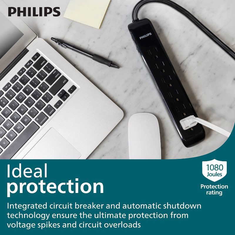 slide 2 of 7, Philips 6-Outlet Surge Protector 1080J 10' Cord - Black, 1 ct