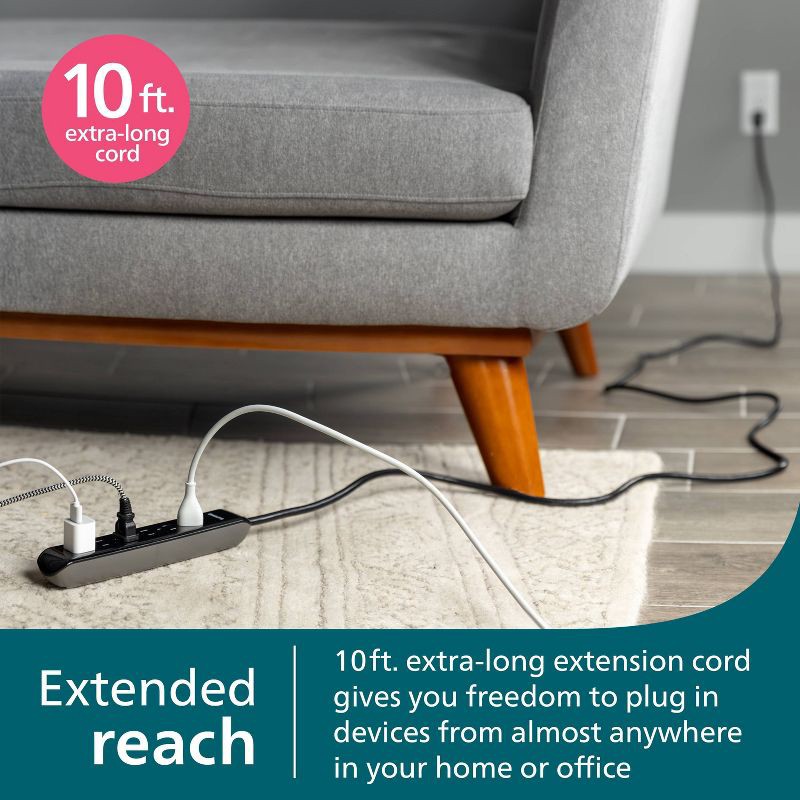 slide 3 of 7, Philips 6-Outlet Surge Protector 1080J 10' Cord - Black, 1 ct