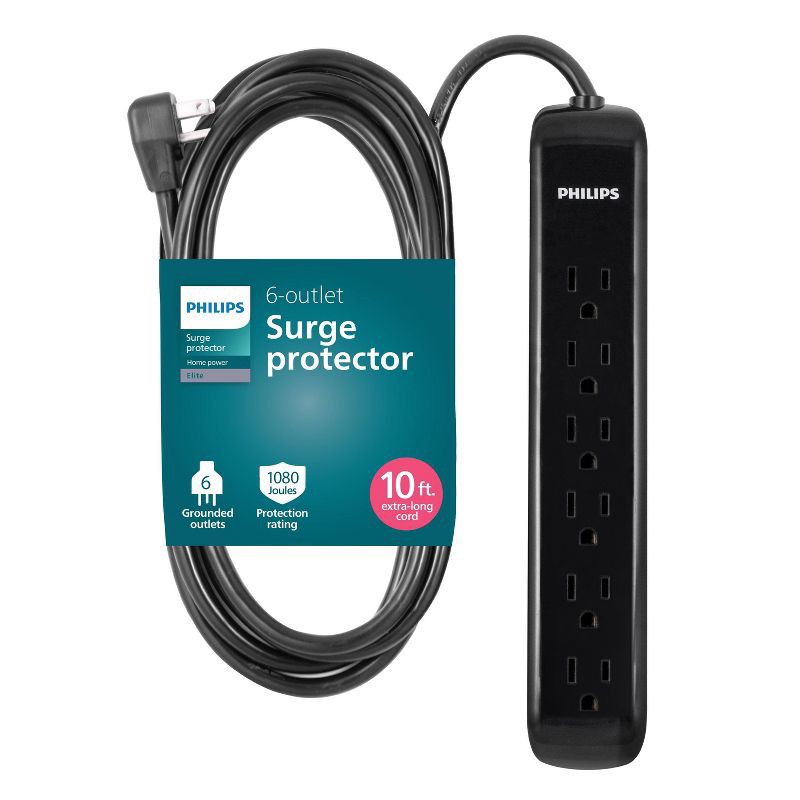slide 1 of 7, Philips 6-Outlet Surge Protector 1080J 10' Cord - Black, 1 ct