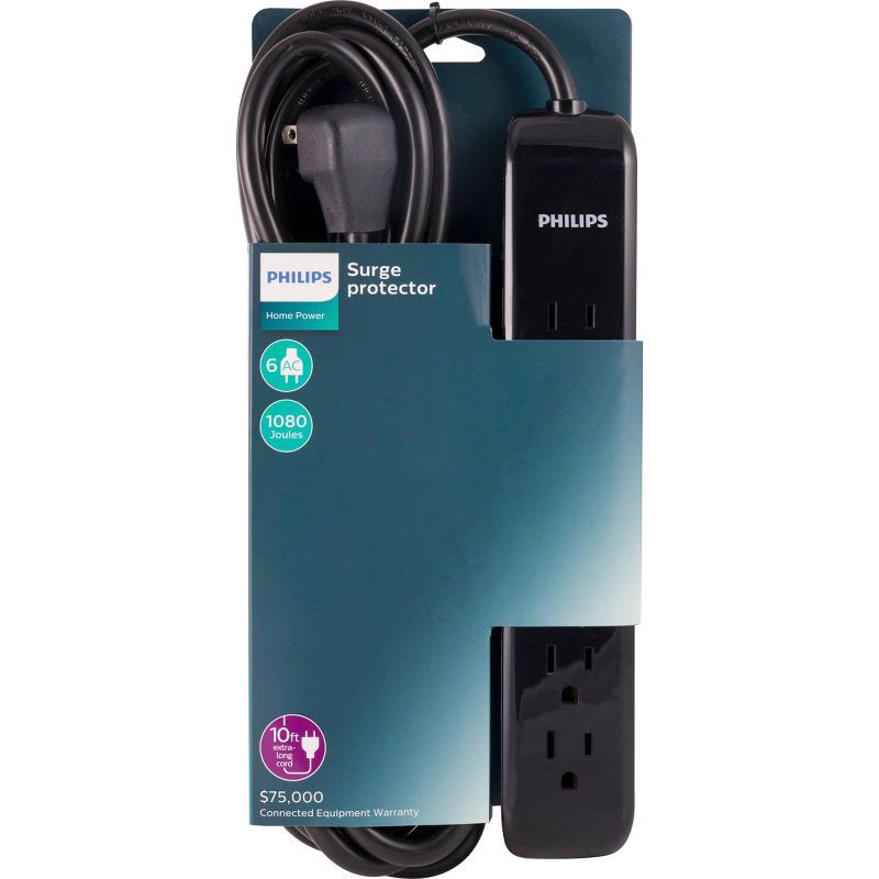 slide 7 of 7, Philips 6-Outlet Surge Protector 1080J 10' Cord - Black, 1 ct