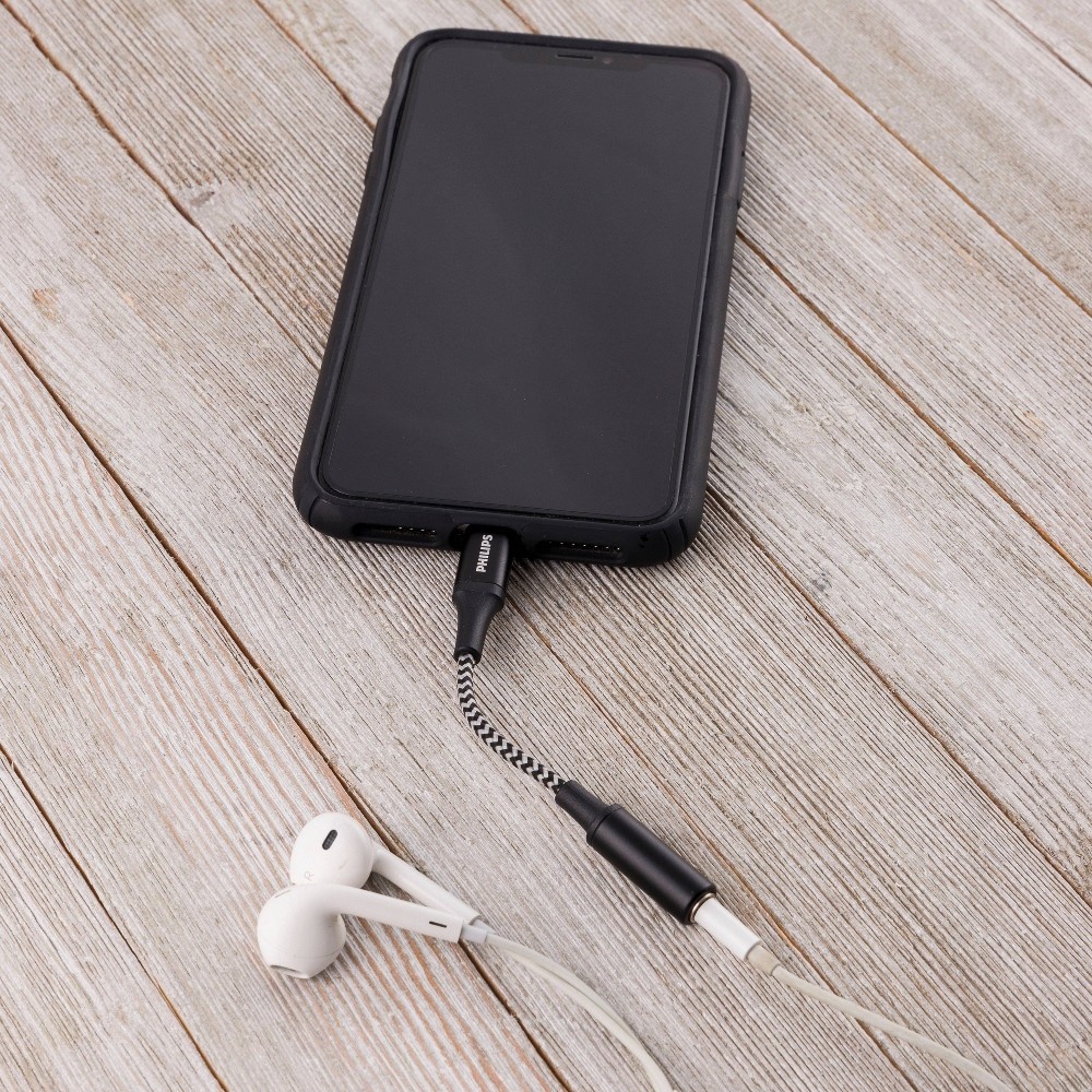slide 2 of 5, Philips Lightning to 3.5mm Auxiliary Audio Adapter, 4" - Black/White Braided, 1 ct
