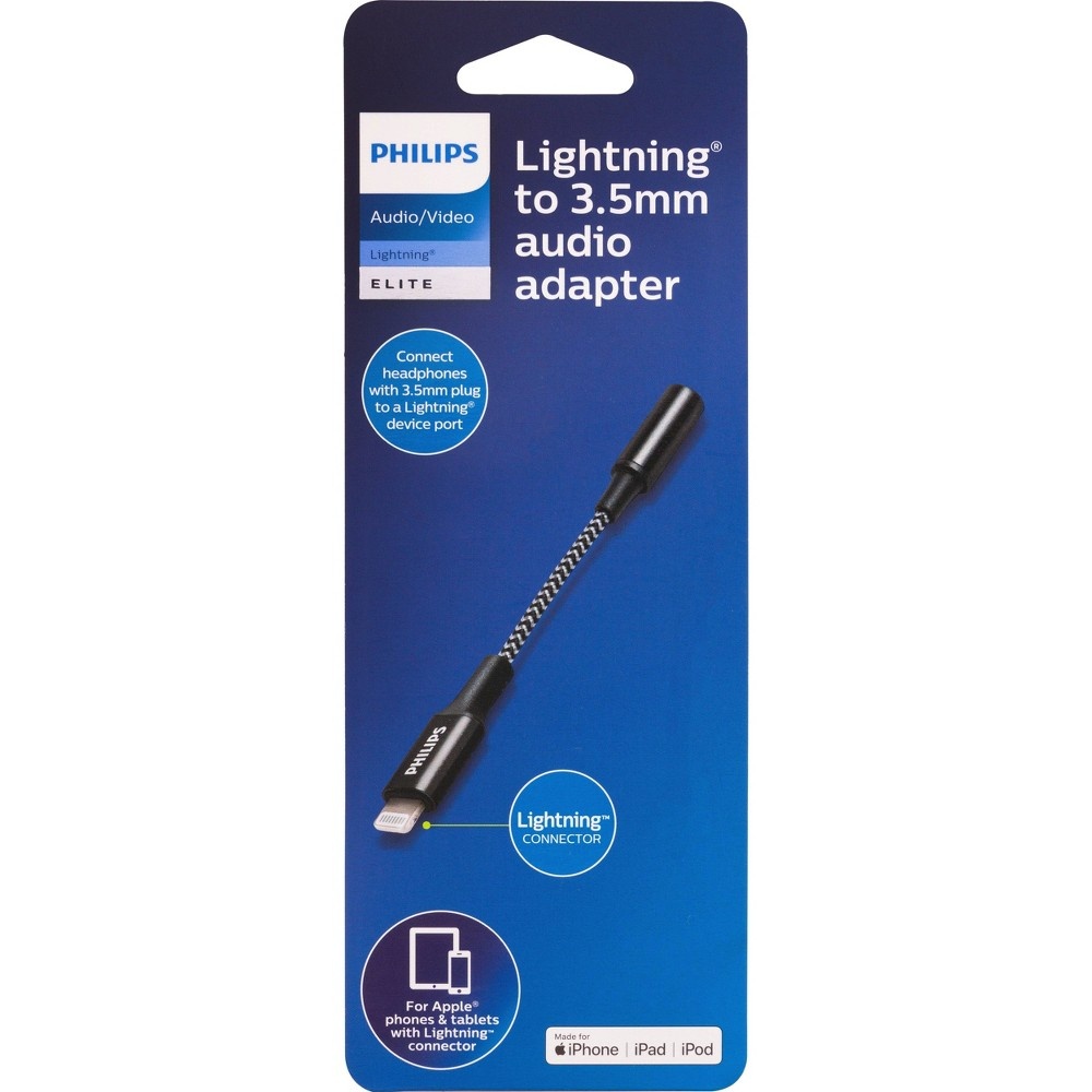 slide 5 of 5, Philips Lightning to 3.5mm Auxiliary Audio Adapter, 4" - Black/White Braided, 1 ct