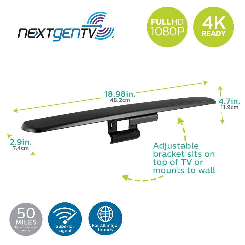 slide 2 of 7, Philips Hover HD Amplifed Indoor TV Antenna, Mount to TV - Black: Signal Type Analog, 50 Mile Range, 1 ct