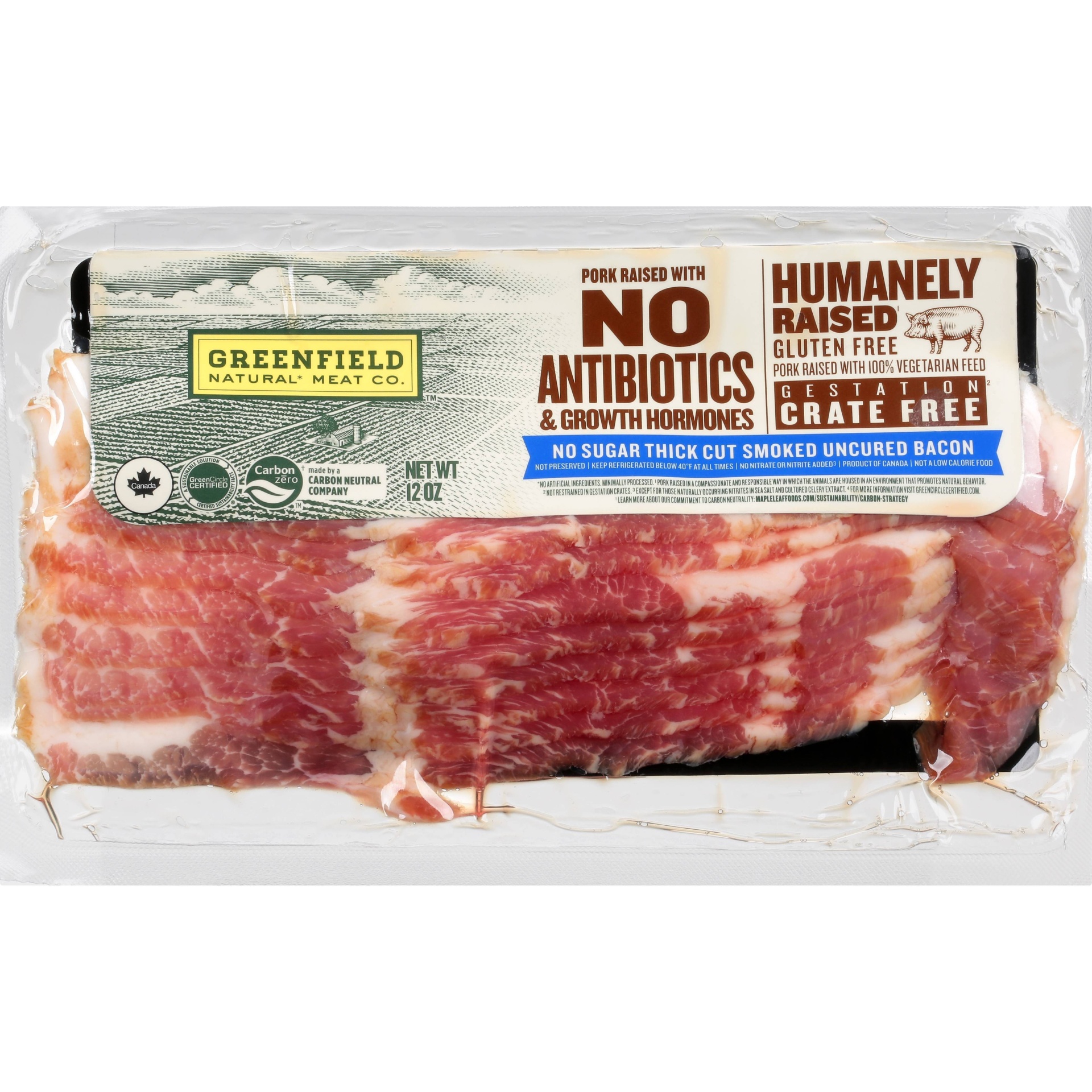 slide 1 of 4, Greenfield Natural Meat Co. Antibiotic Free Sugar Free Smoked Uncured Bacon, 12 oz