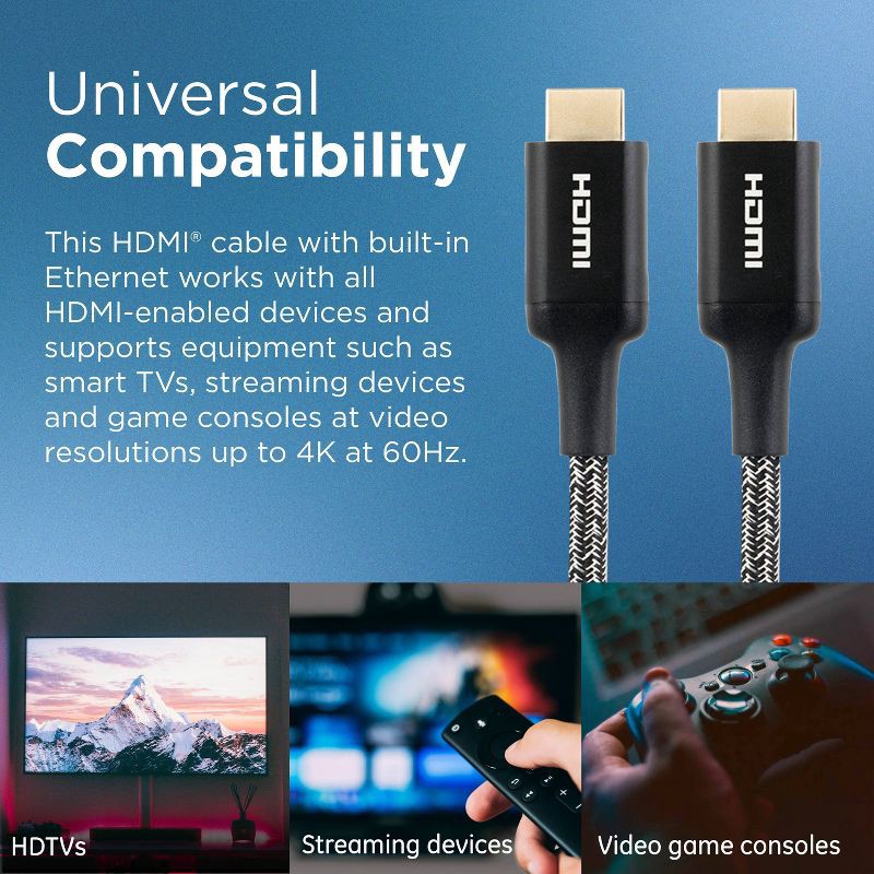 slide 3 of 7, Philips 4' Elite Premium High-Speed HDMI Cable with Ethernet, 4K@60Hz - Braided: Male-To-Male Connections, 1 ct