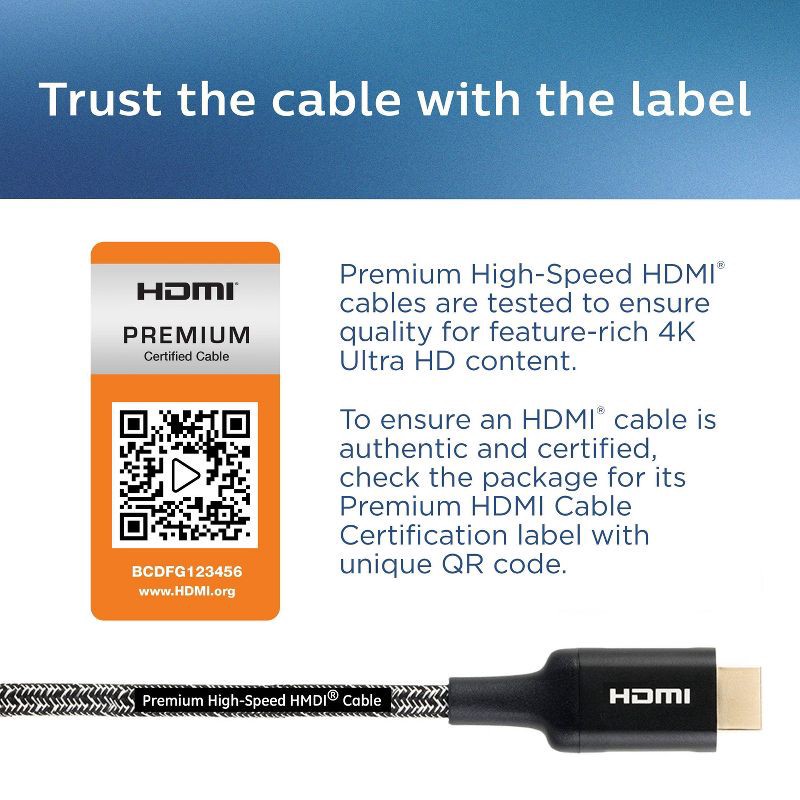 slide 6 of 7, Philips 4' Elite Premium High-Speed HDMI Cable with Ethernet, 4K@60Hz - Braided: Male-To-Male Connections, 1 ct