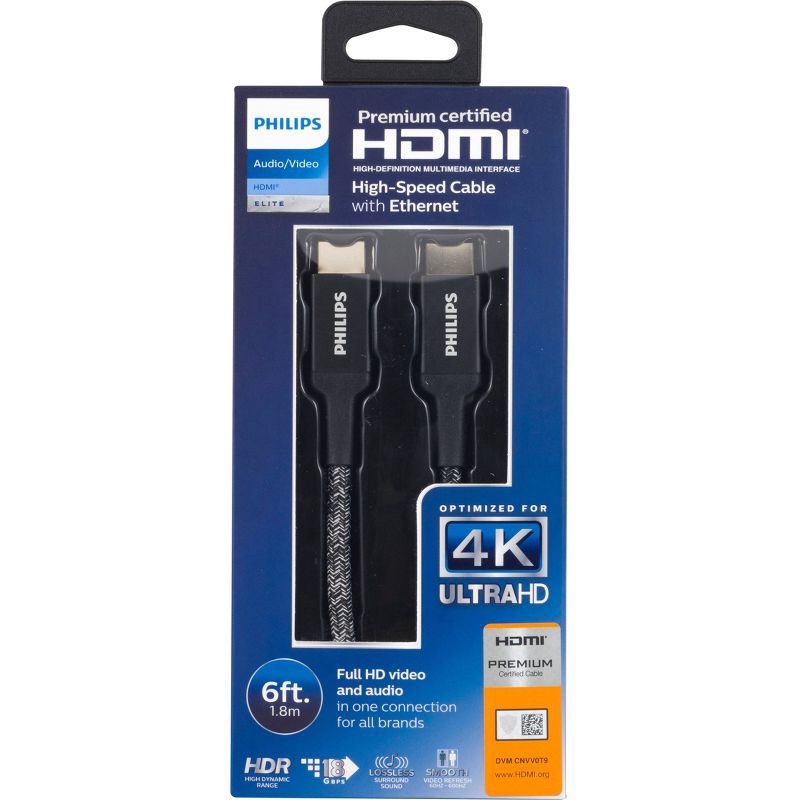 slide 7 of 7, Philips 6' Elite Premium High-Speed HDMI Cable with Ethernet, 4K@60Hz - Braided: Male-To-Male Connections, 1 ct
