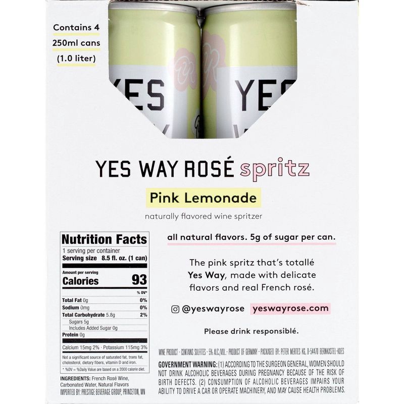 slide 8 of 8, Yes Way Rosé Pink Lemonade Wine Spritz - 4pk/250ml Cans, 4 ct; 250 ml