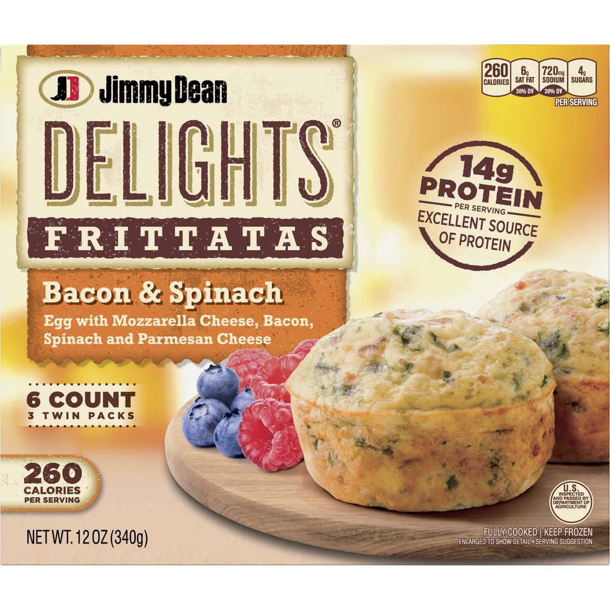 slide 6 of 9, Jimmy Dean Delights Frittatas with Bacon & Spinach, Frozen Breakfast, 6 Count, 340.19 g