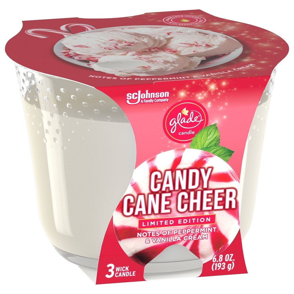 slide 3 of 5, Glade 3-Wick Candle Candy Cane Cheer, 6.8 oz