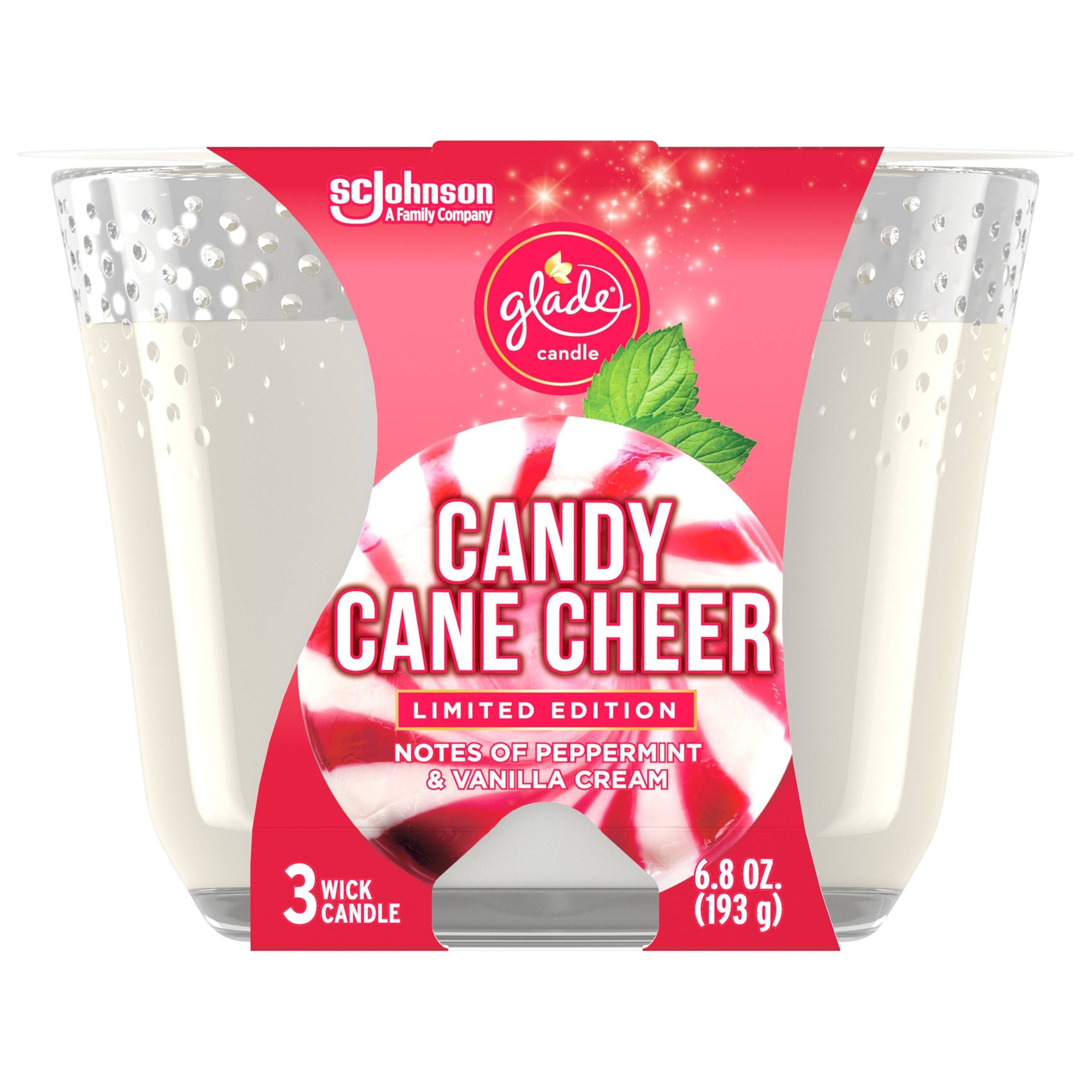 slide 1 of 5, Glade 3-Wick Candle Candy Cane Cheer, 6.8 oz