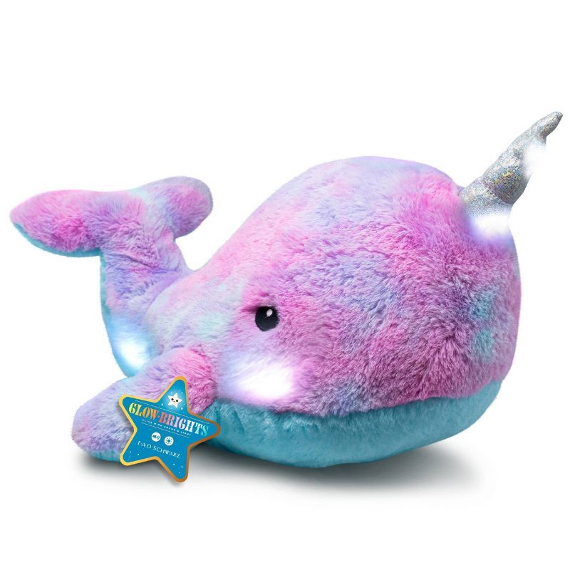 slide 1 of 7, FAO Schwarz Glow Brights Toy Plush LED with Sound Narwhal 17" Stuffed Animal, 1 ct