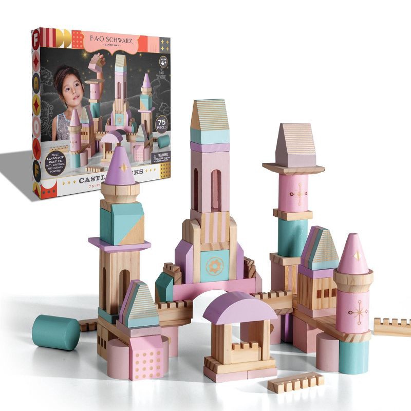 slide 1 of 5, FAO Schwarz Medieval Princesses Wooden Castle Building Blocks Set - 75pc, 75 ct