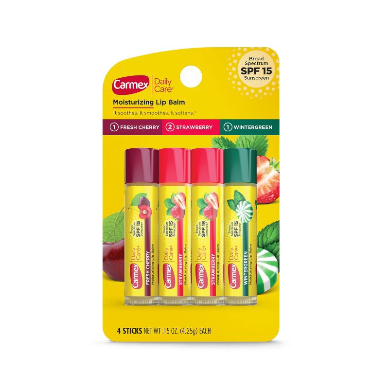 slide 1 of 7, Carmex Daily Care Lip Balm Moisturizing Assorted Stick - SPF 15 - 4pk/0.60oz, 15 x 4 ct, 0.60 oz