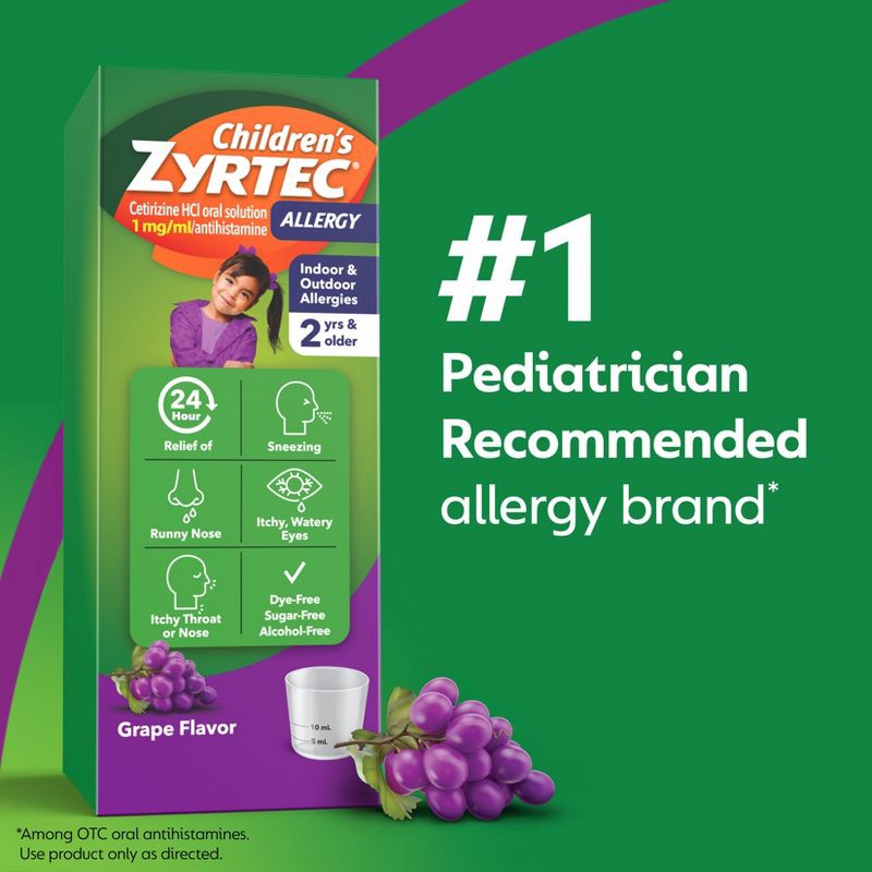 slide 4 of 8, Children's Zyrtec 24 Hour Allergy Relief Syrup - Grape - Cetirizine - 8 fl oz, 8 fl oz