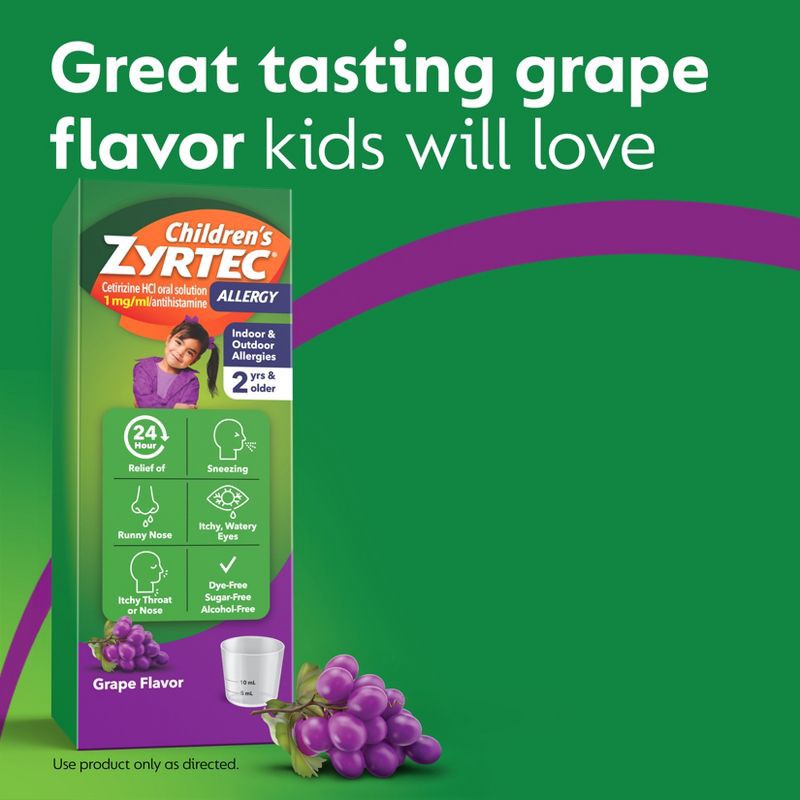 slide 7 of 8, Children's Zyrtec 24 Hour Allergy Relief Syrup - Grape - Cetirizine - 8 fl oz, 8 fl oz