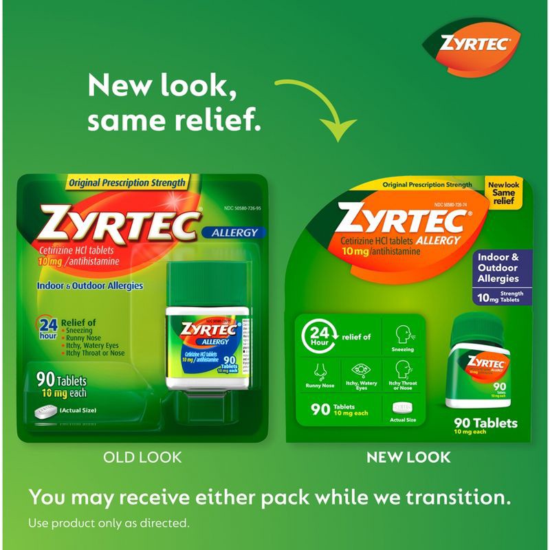 slide 3 of 8, Zyrtec 24 Hour Allergy Relief Tablets - Cetirizine HCl - 90ct, 90 ct