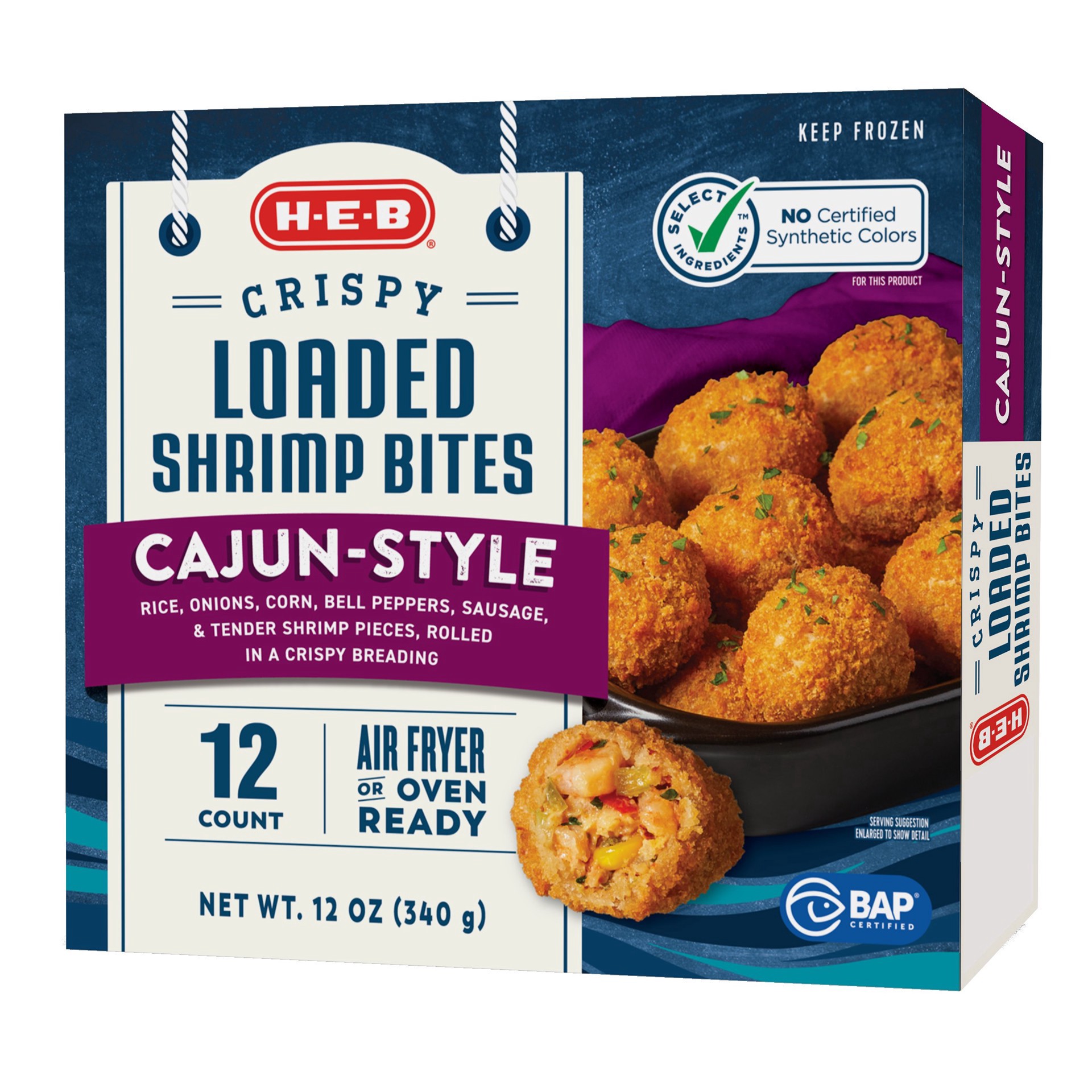 slide 1 of 1, H-E-B Frozen Cajun-Style Crispy Loaded Shrimp Bites, 12 oz