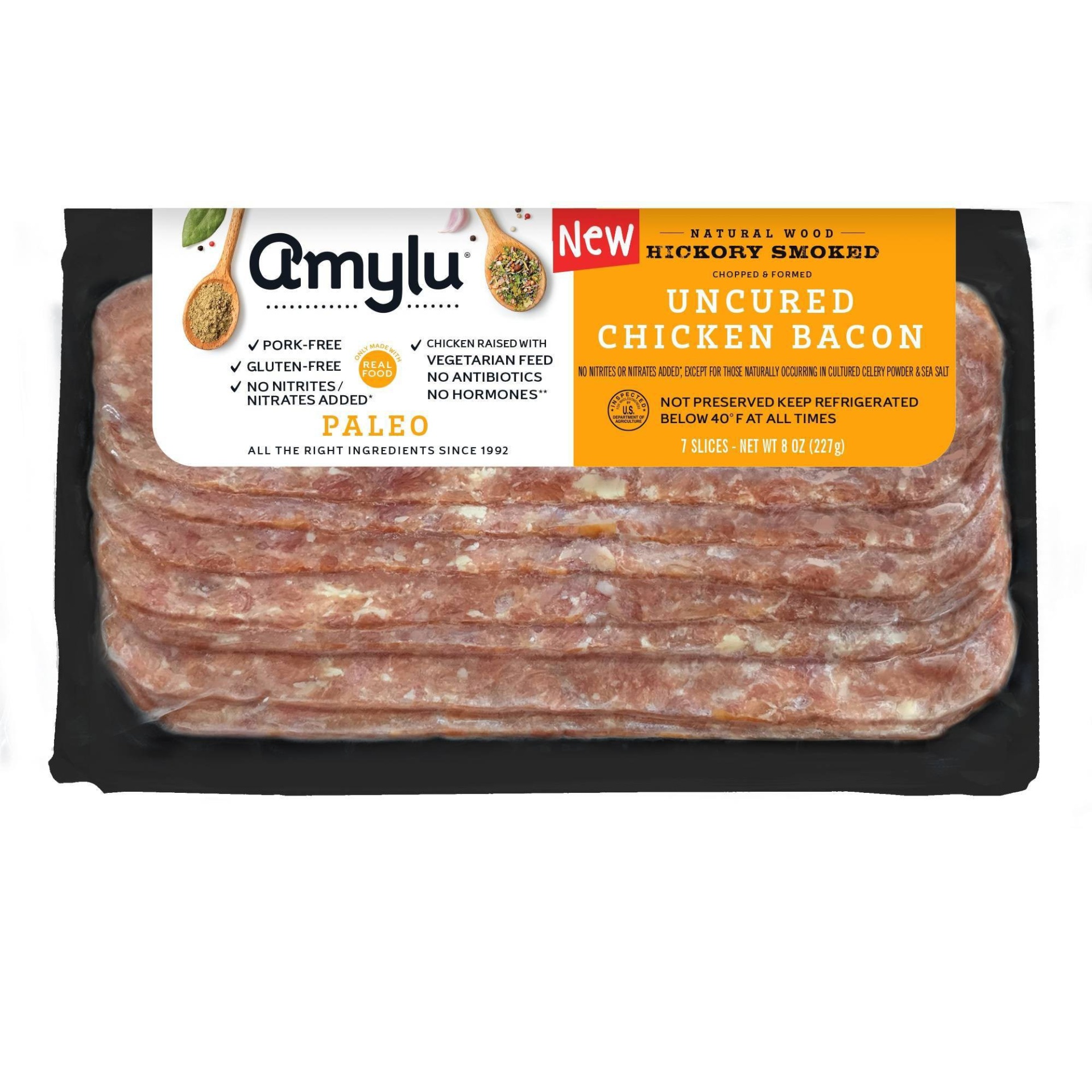 slide 1 of 3, Sausages by Amylu AmyLu Antibiotics Free Classic Chicken Bacon, 8 oz