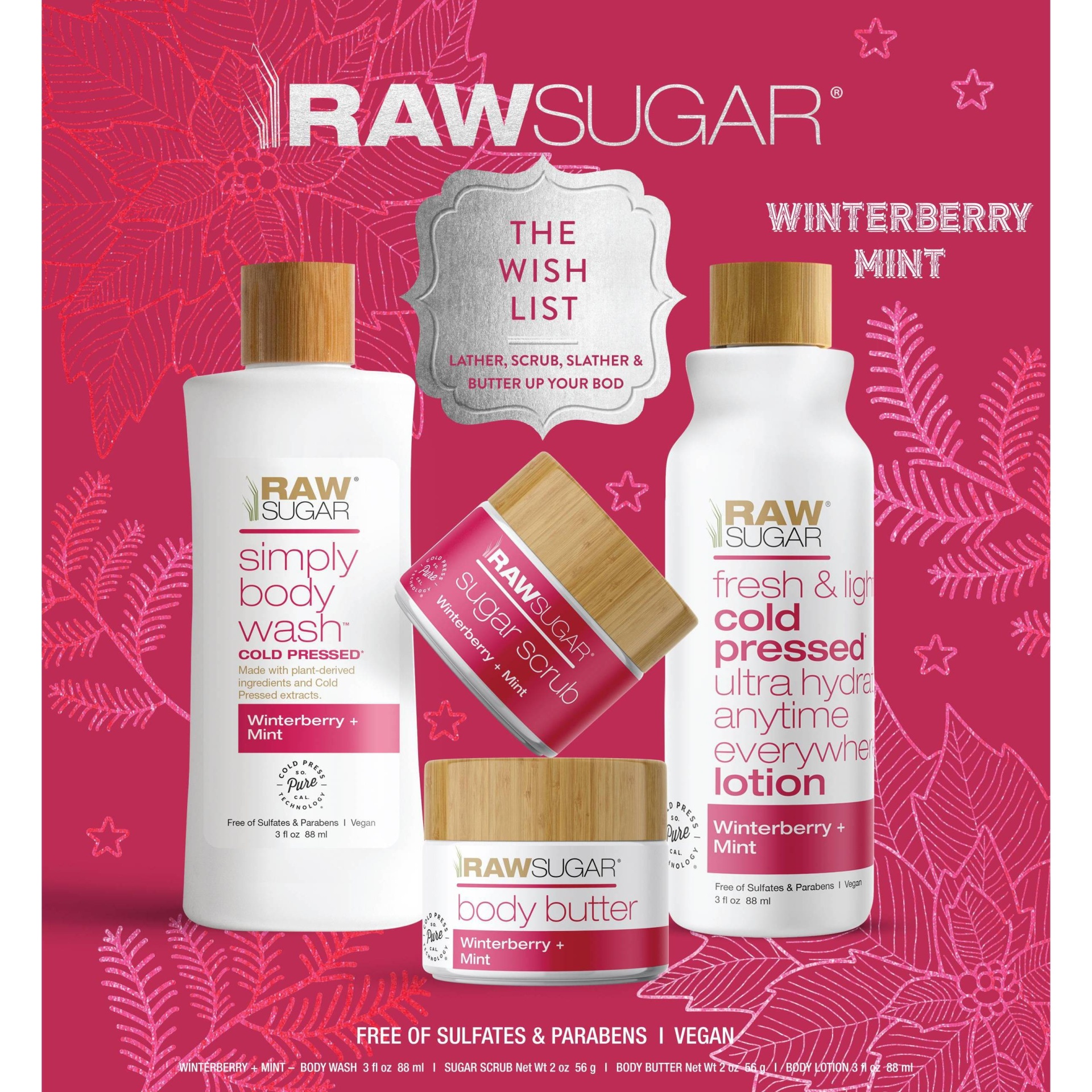 slide 1 of 2, Raw Sugar The Wish List Winterberry and Mint Gift Set, 4 ct