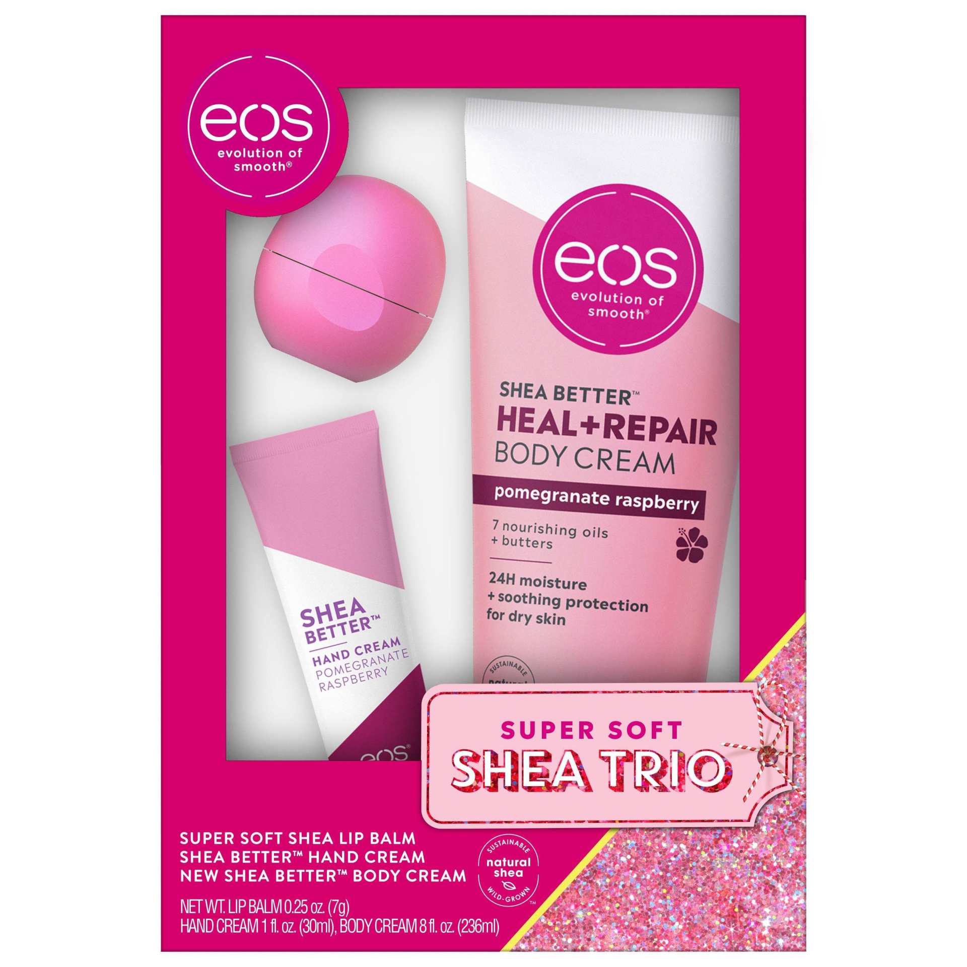 slide 1 of 2, eos Holiday Super Soft Shea Trio - Strawberry Cheer and Pomegranate Raspberry, 3 ct