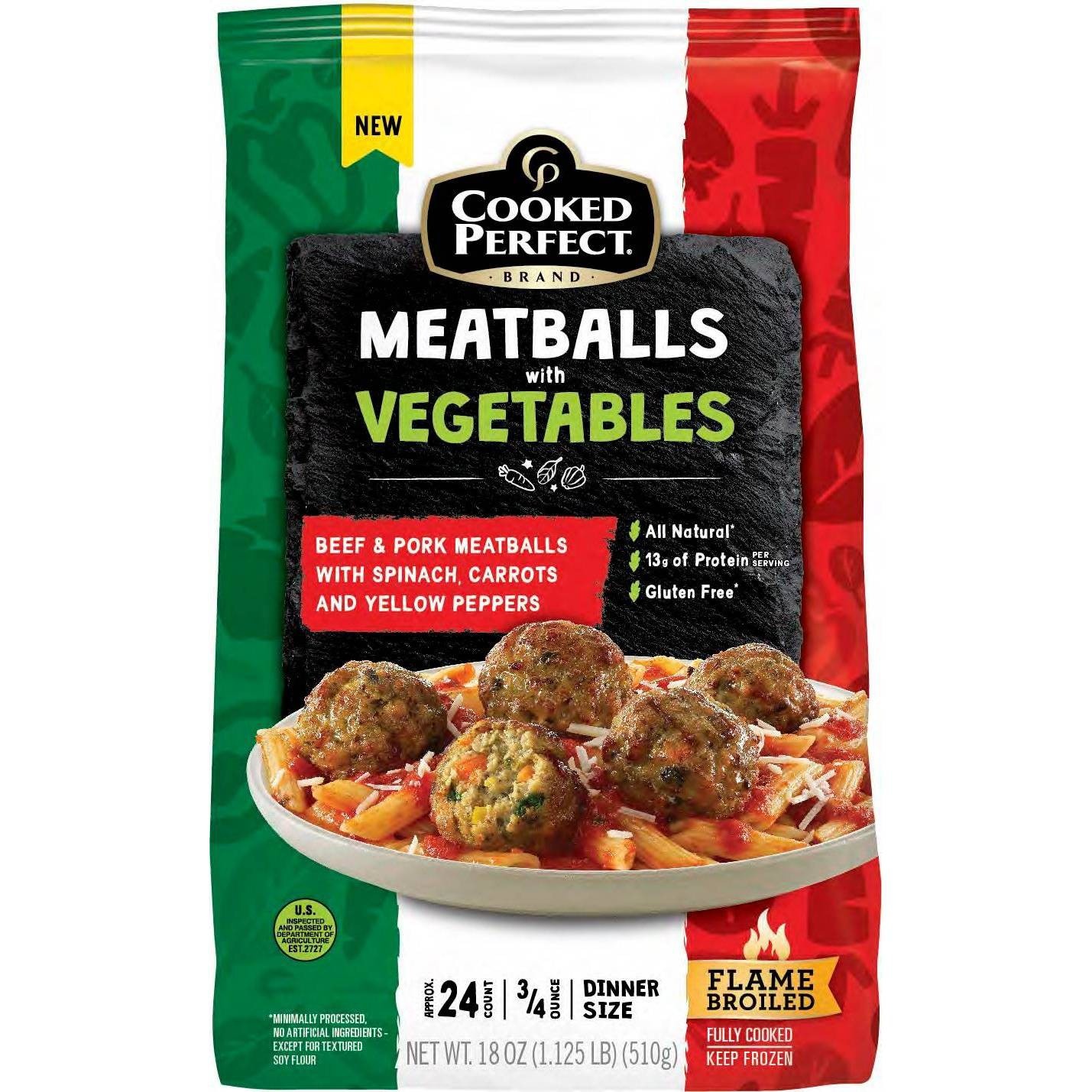 slide 1 of 4, Cooked Perfect Beef & Pork Meatballs with Vegetables - Frozen, 18 oz