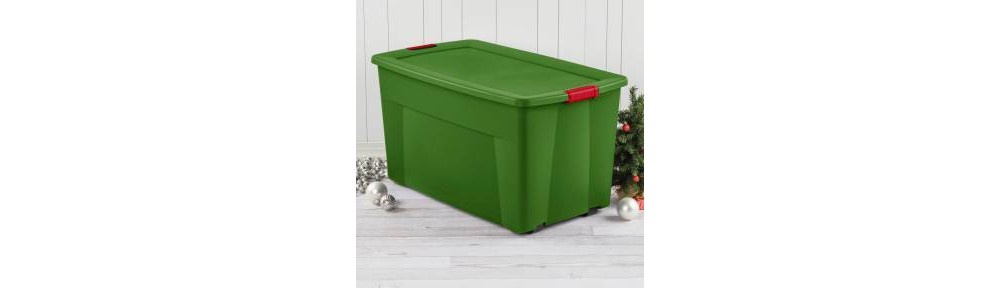 slide 2 of 3, Sterilite Wheeled Latching Storage Tote Green Base and Red Latch, 45 gal