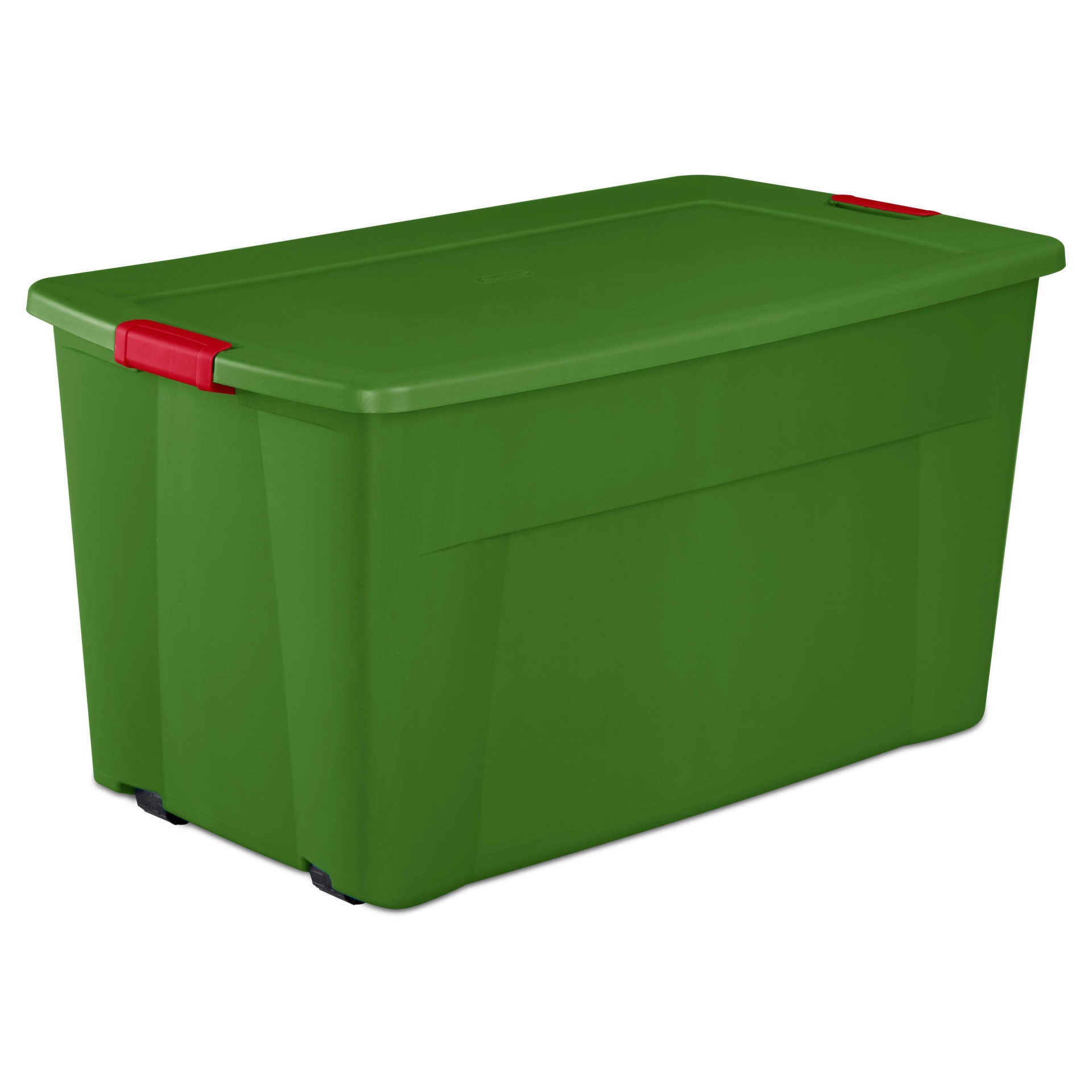 slide 1 of 3, Sterilite Wheeled Latching Storage Tote Green Base and Red Latch, 45 gal