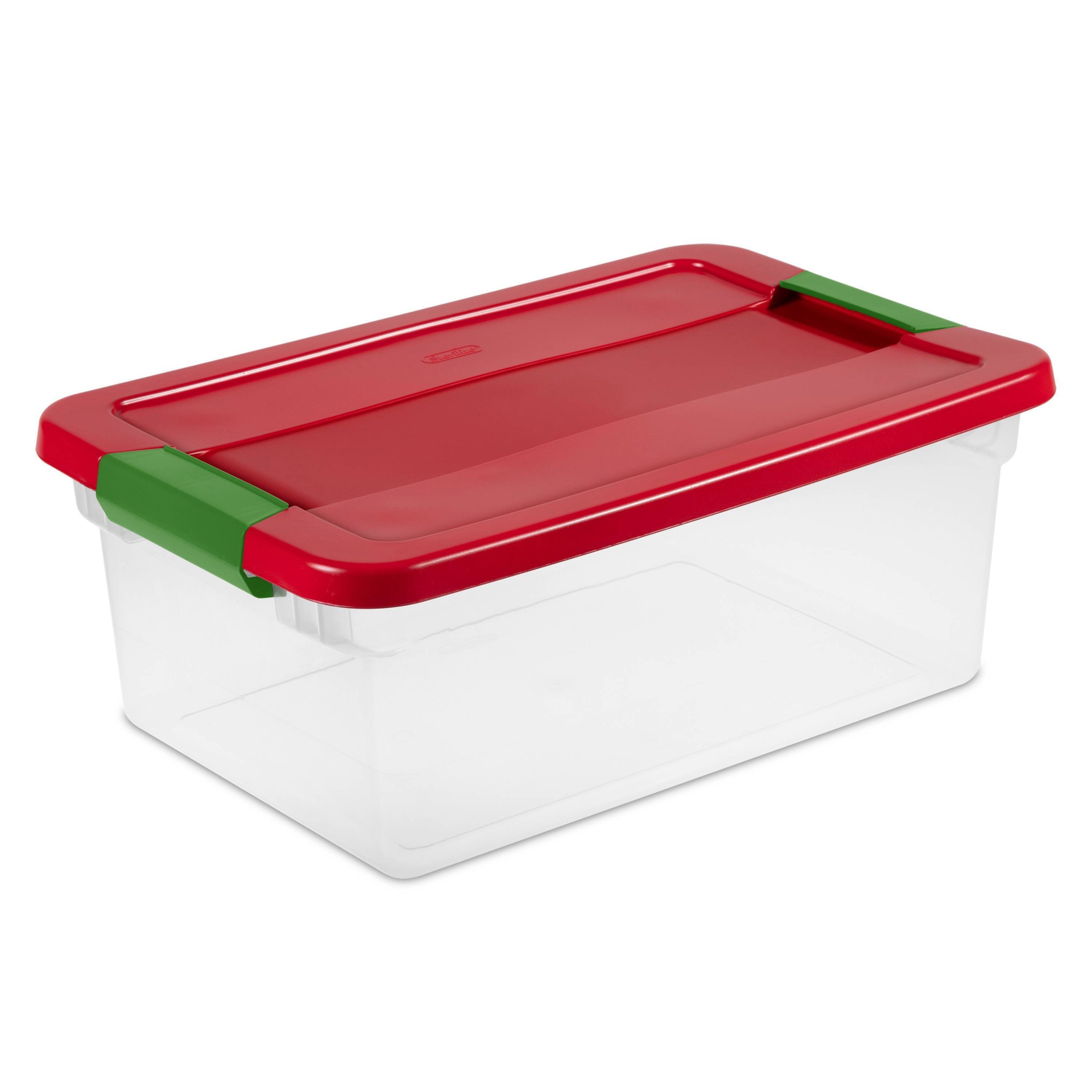 slide 1 of 3, Sterilite Latching Clear Storage Box Red Lid and Green Latch, 15 qt