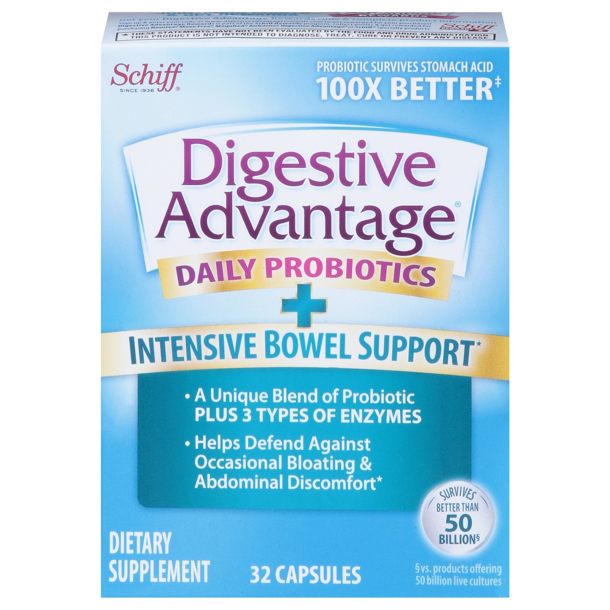 slide 1 of 9, Digestive Advantage Capsules Daily Probiotics + Intensive Bowel Support 32 Capsules, 32 ct